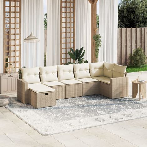 Canapé de jardin 7 pièces en résine tressée beige avec coussins amovibles – cadre acier, UV résistant, charge 110 kg (1/4)