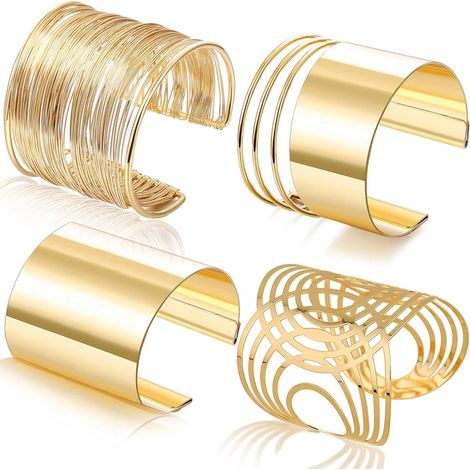 Lot de 4 bracelets manchettes pour femmes, bracelets larges ouverts en fil d'or, bracelet jonc enroulé autour du poignet (1/5)