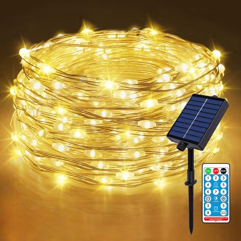 Guirlande lumineuse solaire d'extérieur - 30 m - 300 LED - Fil de cuivre - Avec minuterie + télécommande + 8 modes + IP65 - Résistant aux intempéries - Pour balcon, fête - Blanc chaud (1/5)