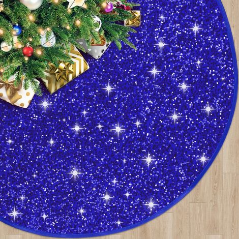 Tapis de sapin de Noël bleu satiné de 53 cm (21 pouces) avec petites paillettes, tapis scintillant pour sapins de 90 à 150 cm (3 à 5 pieds), idéal pour décorer votre sapin de Noël. (1/5)