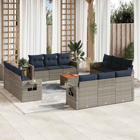 Salon de jardin modulable 13 pcs en résine tressée grise avec coussins bleu marine - PANGIVO (1/5)