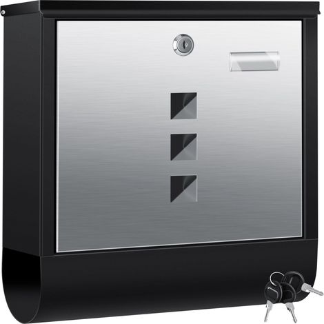 KESSER® Boîte aux lettres en acier inoxydable avec compartiment pour les journaux Porte-nom Fenêtre transparente brossée 3x clés verrouillables Revêtement par poudre Montage mural Noir / Argenté (1/5)