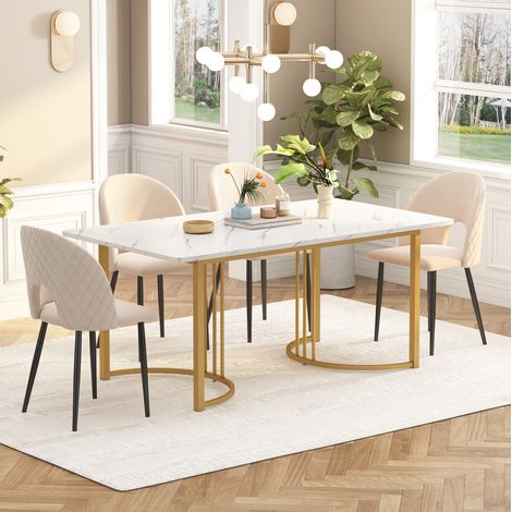 Tavolo da pranzo 140x80x75 cm bianco in MDF e metallo con effetto marmo e piedini regolabili (1/5)