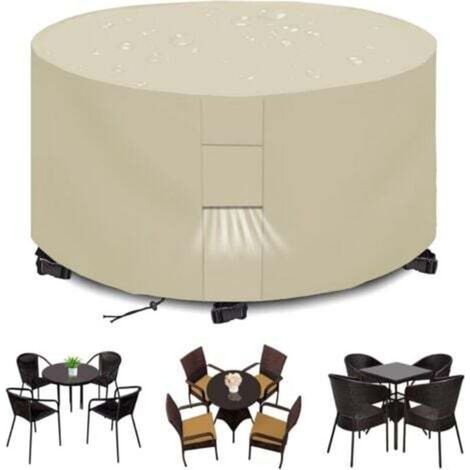 Housses pour Mobilier de Jardin Exterieur Imperméable Housse Table de Jardin Protection avec Grilles D'aération Housse Salon de Jardin 420D Rond Bache Table Anti-UV Beige (188x84cm)