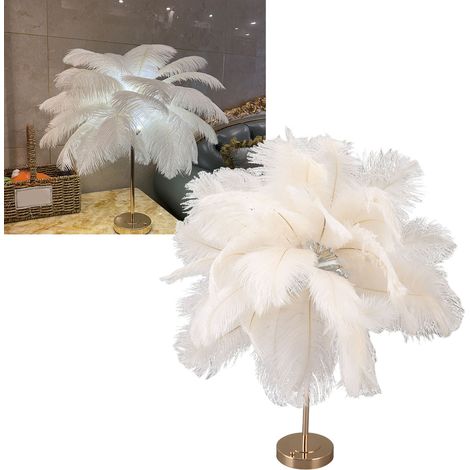 Lampe de table en plumes d'autruche - Lampe de table moderne et créative en plumes d'autruche - Lampe décorative romantique - Lampe de chevet nordique - Blanche (1/5)