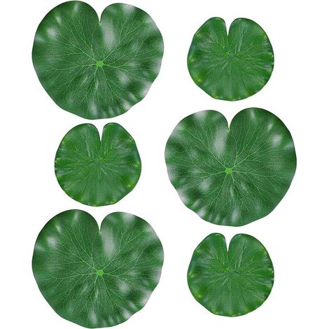 Lot de 6 feuilles de lotus artificielles en mousse, idéales pour la décoration de bassins, étangs, piscines et aquariums. Couleur : vert. Dimensions : 10 cm + 15 cm. (1/5)