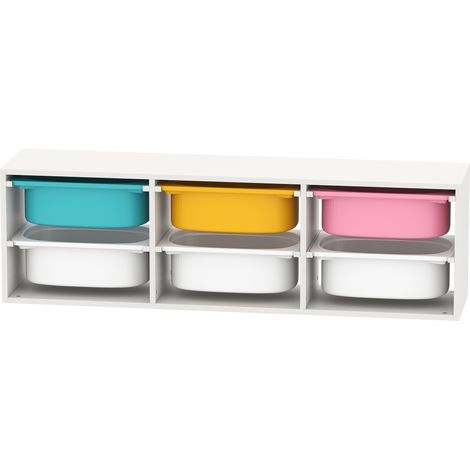 Meuble rangement enfant à 2 niveaux, blanc, 97 x 21 x 29 cm, 6 bacs amovibles, étagère de rangement, jouets enfants (1/5)