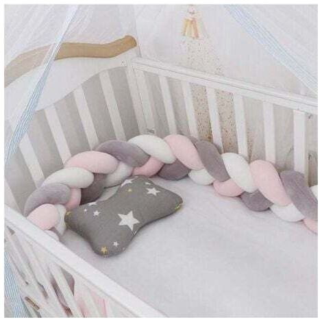 Babybett-Nestchen-Aktion – 1,5 m Nestchen mit Schlangenmuster, geflochtenem Kissen, Samt-Babyschutzgewebe, Stoßschutz (Weiß + Grau + Rosa) (1/5)