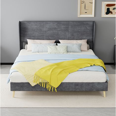 Lit 160x200 cm en tissu gris et métal, tête de lit rembourrée, sommier intégré (1/5)