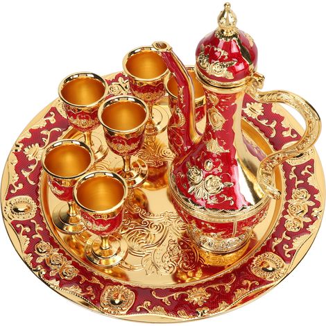 Vintage Kaffeekannen-Set, vielseitig einsetzbar, europäischer Hofstil, innovatives Teekannen- und Tassenset aus Metall für Zuhause, Hochzeit, Gold und Rot (1/5)