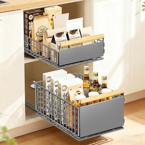 Lot de 2 tiroirs de cuisine amovibles, système de tiroirs télescopiques avec coulisse complète, sans perçage, jusqu'à 25 kg, organisateur de tiroirs pour placards profonds (gris) (1/5)