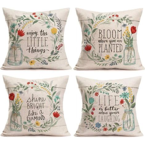 Juego de fundas de almohada con estampado de corona floral (4 piezas), estampado floral rústico, estampado con frases inspiradoras, hecho de algodón y lino, 20 pulgadas x 20 pulgadas, apto para uso en