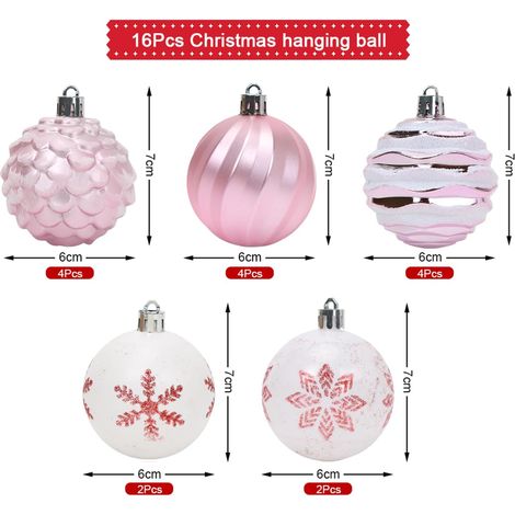 Palline di Natale rosa, 16 palline per albero di Natale da 6 cm, decorazione per albero di Natale, palline di Natale in plastica rosa e bianco con lacci per decorare l'interno o l'esterno dell'albero (1/4)