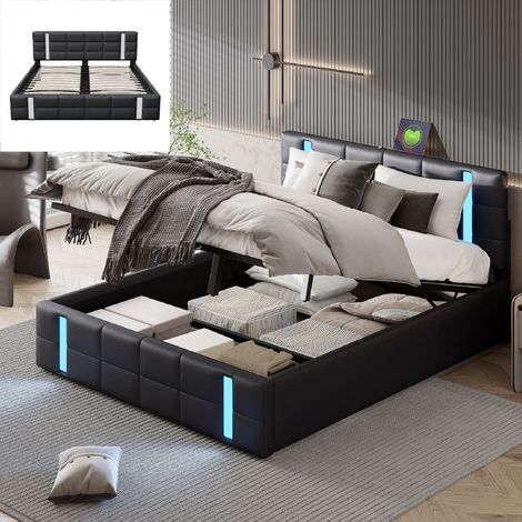 Lit coffre 160x200cm - lit double LED avec sommier à lattes et tête de lit avec port USB - en cuir PU Noir