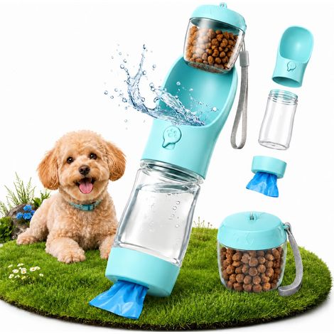 Gourde Chien 3 en 1, Bouteille d’Eau pour Chien 350 ML avec Bol Intégré, Compartiment Friandises 100 g et Sacs à Déjections, Gamelle Portable Chien pour Promenade Voyage Randonnée (1/5)