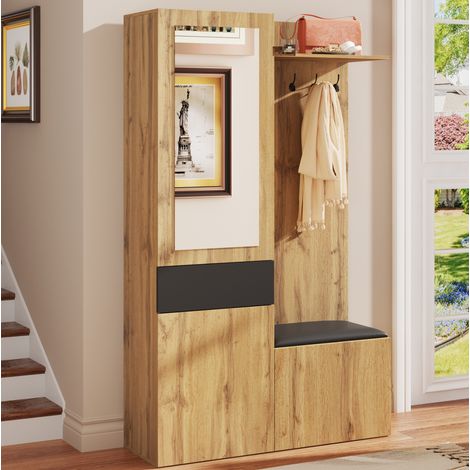 Ensemble vestiaire d'entree en MDF noir et naturel avec 5 crochets, 98,5 x 38 x 191 cm, miroir, meuble a chaussures et assise (1/5)