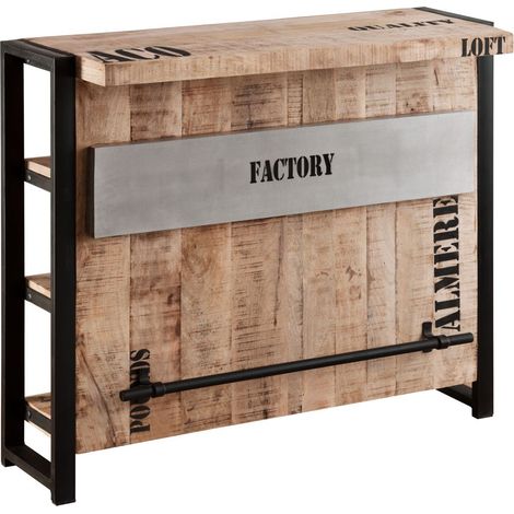 Massivmoebel24 – Meuble bar 120x45 en manguier brut – Style industriel avec piètement métal noir – 3 étagères pour rangement pratique (1/3)