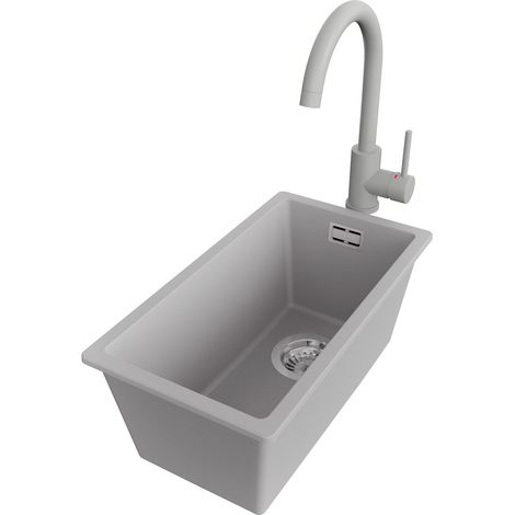 PRIMAGRAN Evier Sous Plan 26x47cm,Evier en Granit 1 bac + Robinet 32x20cm + Kit de Vidage, Évier au meuble 30cm - London, Gris (1/5)
