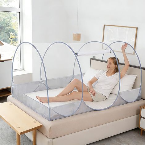Moustiquaire pliable pour lit simple, ultra-légère et portable, à ouverture automatique avec fermeture éclair, maille fine, facile à assembler pour la maison, le dortoir étudiant, l'extérieur et les (1/5)