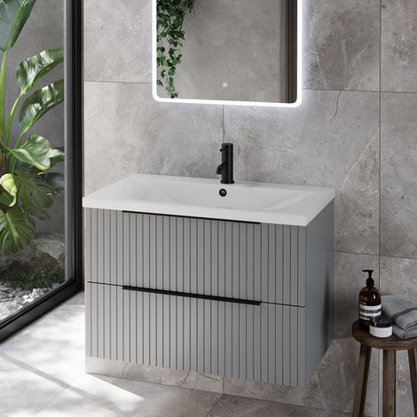 Helix 460 Fluted Pebble Grey 800mm Wall Mounted 2 Drawer Vanity Unit with Glide Basin