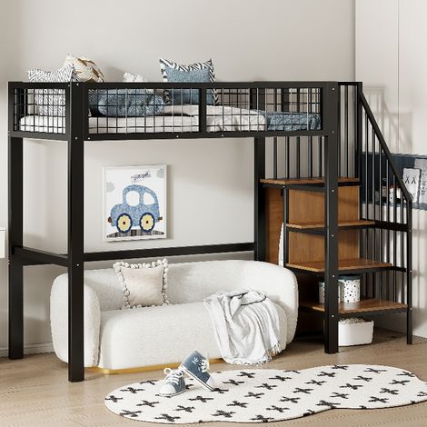 Hochbett 90x200 mit Schrank und Leiter, Metallhochbett Schwarz mit Stauraum und Rausfallschutz, Kinderbett Loftbett 255x95x176 cm (1/5)