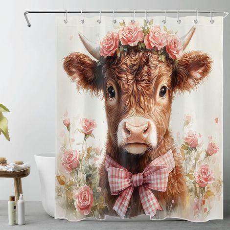 Vache Mignonne Rideaux de Douche 150x200cm Rose Rose Fleur Plantes Vertes Rideaux de Bain avec Crochets,Ferme Brun Animal Extra Longue Imperméable Polyester Anti Moule Salle de Bain Décor (1/5)
