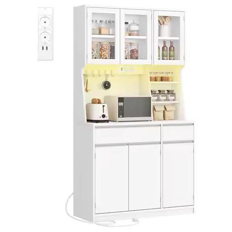 Armoire de cuisine blanche – Buffet avec prises et bande LED intégrées, plans de travail, 2 tiroirs et étagères réglables (1/5)