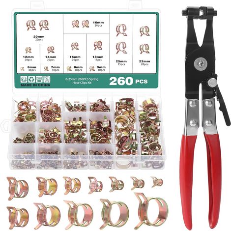 260 Pièces Colliers de Serrage à Ressort, Clips à Ressort Tuyau Serre-Joints à Tuyaux, 12 Tailles 6-25mm Colliers de Clip à Ressort, Colliers de Conduite de Carburant Tuyau avec une Pinces (1/5)