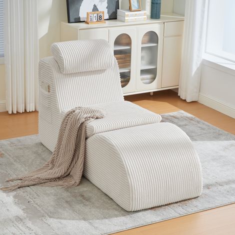 MODFU - Poltrona ergonomica con cuscino rimovibile e tasca laterale, realizzata in schiuma ad alta elasticità, 160×66×90 cm, velluto a coste beige (1/5)