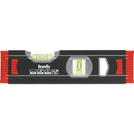 kwb 1 mm Mini Aluminium-Wasserwaage 20 cm, gesicherte Libelle, m Genauigkeit, präzise geschliffen, je 1 Horizontal-und Vertikallibelle inkl. Sturz-Schutz aus Gummi, Schwarz/Rot (1/5)