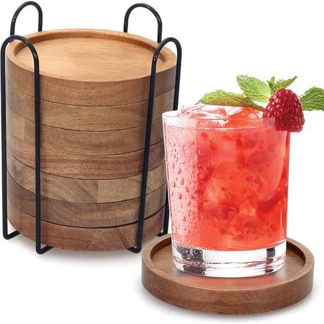 Juego de 8 posavasos rústicos de madera de acacia, Estilo restaurante campestre, Con soporte de almacenamiento, Para vasos de cerveza y bebidas (1/5)