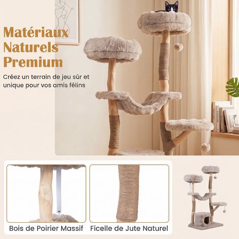 Arbre a Chat 147 CM en Bois Poirier, Arbre à Chat XXL Multi-Niveaux avec Griffoirs en Jute Naturelle, Perchoir, Condo, Coussins Amovibles (1/5)