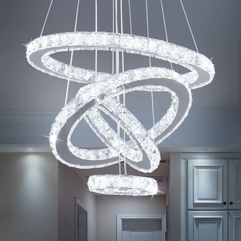 Lustre moderne en cristal LED 4 anneaux réglable en acier inoxydable pour salon, salle à manger, chambre à coucher (blanc froid, intensité non variable) (1/5)