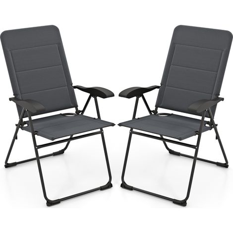 Lot de 2 Chaise Pliante Exterieur, Fauteuil de Jardin Exterieur avec Accoudoirs, Dossier Haut Réglable à 7 Positions, Gris