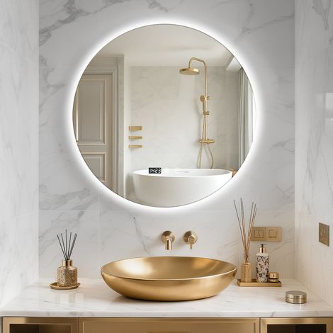 Miroir de salle de bain rond avec LED - 60 cm de diamètre - Traitement antibuée - Verre trempé incassable - Trois modes d'éclairage - Fonction mémoire - affichage de l'heure - FLASIDU