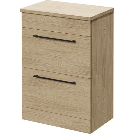 Napoli 390 Light Oak 600mm 2 Drawer Vanity Unit for Countertop Basins - 600mm - Matt Black 320mm Handle