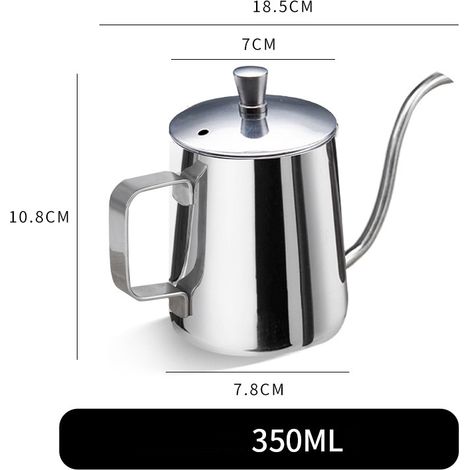 Cafetera de goteo, hervidor de agua de pico largo para verter el agua, cafetera para el hogar/exterior, cafetera, cafetera de goteo pequeña, tetera de cuello de cisne (plateada - 350 ml) (1/5)