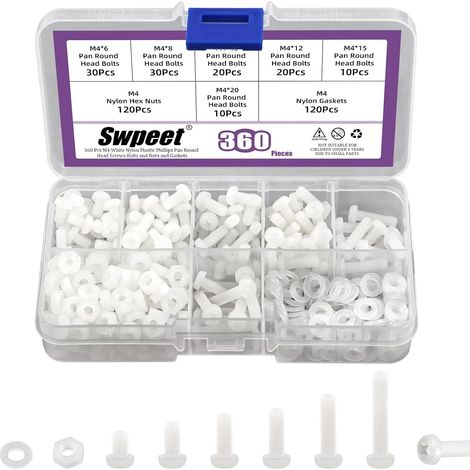 Lot de 360 vis à tête ronde Pan en nylon blanc M4 avec écrous hexagonaux et joints, kit de assortiment, vis à tête ronde Phillips Cross Pan en plastique, longueur 6/8/10/12/15/20 mm (1/5)