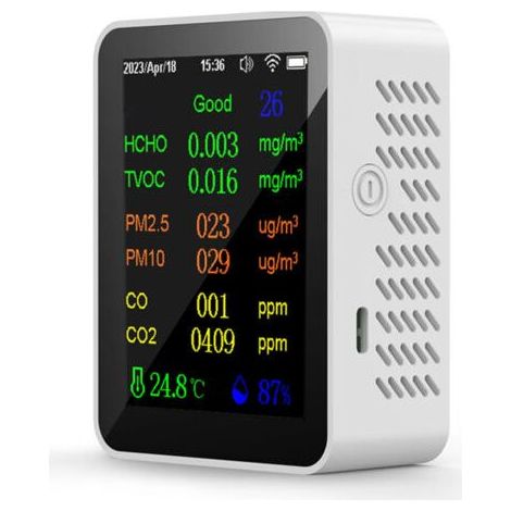 Compteur portable de qualité de l’air 9 en 1, PM2.5, PM10, CO, CO2, TVOC, HCHO, AQI, température et humidité, écran couleur, détecteur de dioxyde de carbone avec affichage date et heure,de dyk. (1/4)