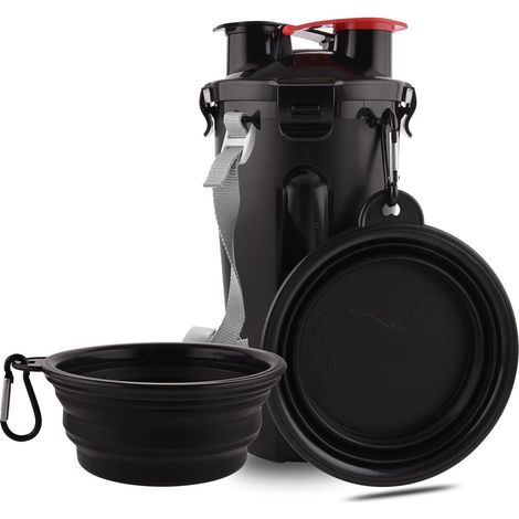 Gourde de voyage pour chien avec gamelles pliables, récipient 2-en-1 pour nourriture et eau, gamelles portables pour promenades, voyages, camping et randonnée (Noir) (1/5)