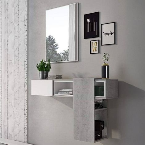Flurmöbel Limbadi, mit Spiegel, Ablage, Garderobe, 100x31x75h cm, Beton-Grau (1/5)