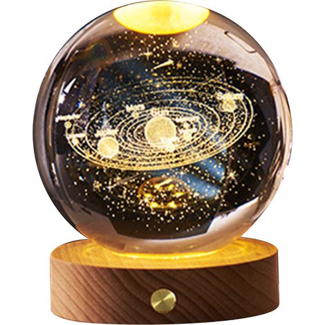 Veilleuse boule de cristal 3D rechargeable, lumière douce, lampe boule de cristal multifonction avec socle en bois pour la maison et la chambre, système solaire (1/5)