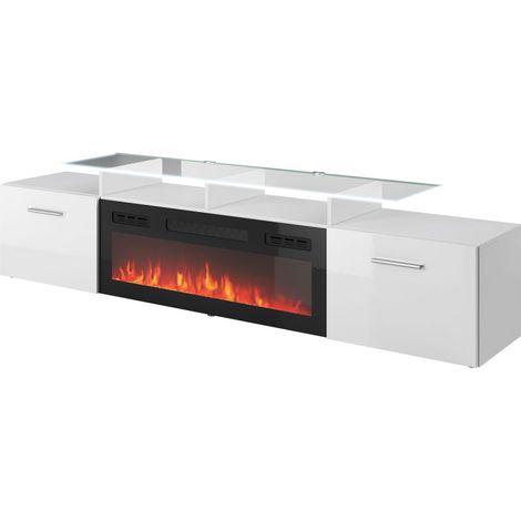 Bim Furniture – Meuble TV ROVA EF 190cm – Cheminée électrique intégrée – Blanc brillant – Plateau en verre – Éclairage LED subtil (1/4)