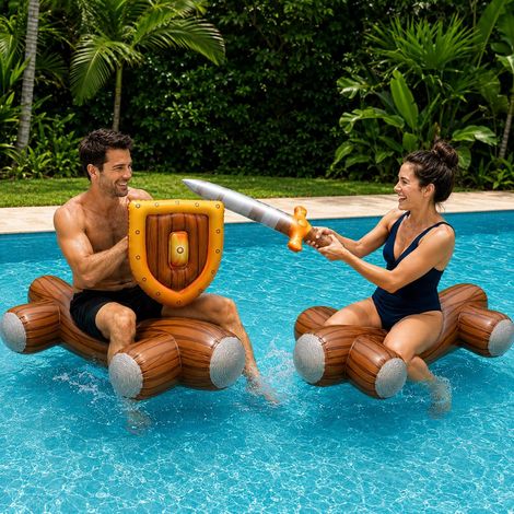 Lot de 4 flotteurs gonflables pour piscine – Guerrier Viking avec épée et bouclier, jouets d'été pour radeau de bataille, parfait pour les fêtes à la piscine, les jeux sur le lac et la plage