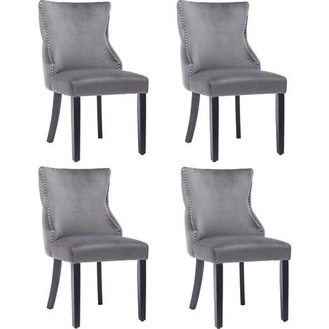 Lot de 4 chaises de salle à manger en velours gris, pieds bois massif, capitonnées — 50×52×91 cm (1/5)