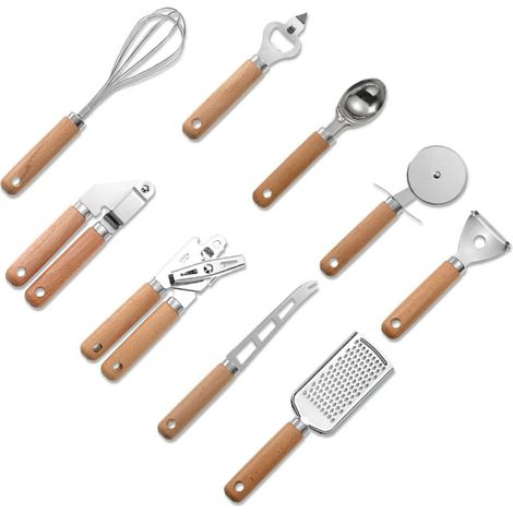 Ensemble de 9 ustensiles de cuisine en acier inoxydable avec manche en bois, comprenant des outils de cuisson portables. (1/5)