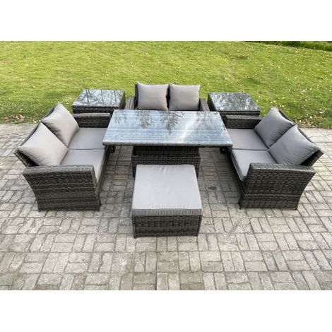 Fimous 7 pièces Mobilier de jardin extérieur ave Table élévatrice Canapé deux places 2 Table d'appoint Grand Tabouret Gris foncé (1/5)