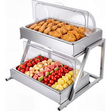 VEVOR Buffetvitrine 2-stufig, Speisenvitrine mit 2 x 1/1 GN-Edelstahlbehältern und Transparentem Rolldeckel, Buffetaufsatz für Restaurant, Hotel, Catering, Küche und Buffetbereich, Cateringbedarf (1/5)