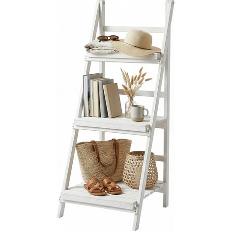 Étagère à fleurs à 3 niveaux blanche avec support jardinière suspendue tabouret à fleurs en bois banc à fleurs étagère pour plantes naturelle (1/5)