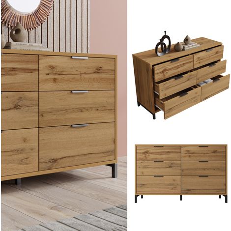 Mobliva Commode, buffet à 6 tiroirs, 120 x 40 x 76 cm en chêne foncé, buffet haut pour chambre et salon (1/5)